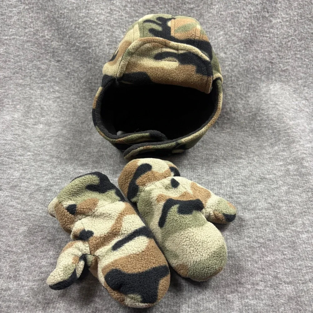 Kids Camo Fleece Trapper Hat w Mittens Set 2T-4T Winter Warm Playcore Practical - Picture 3 of 14